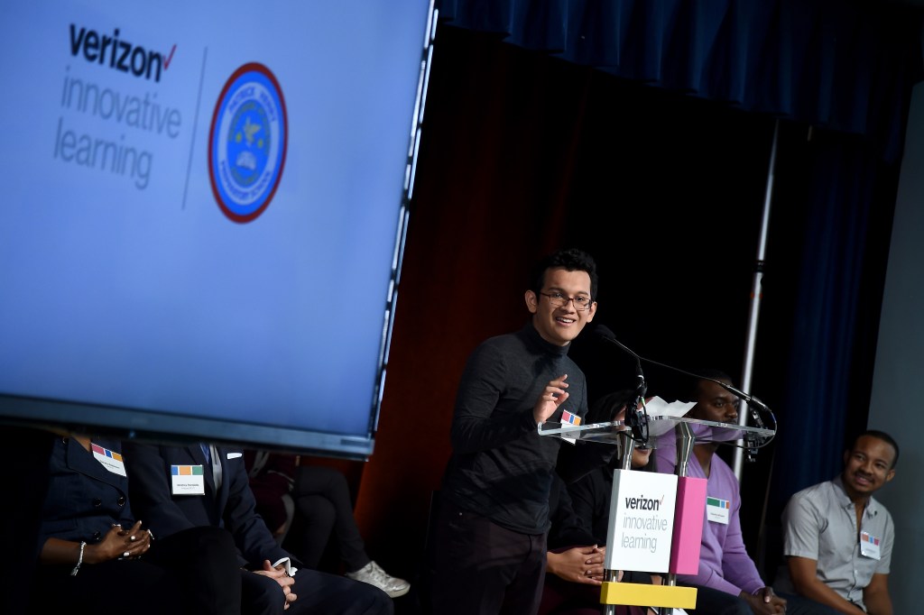 NEW YORK, NY - OCTOBER 29: Columbia University economics and mathematics student Jason Mares speaks during Verizon Innovative Learning Event at P.S. 171 Patrick Henry School on October 29, 2016 in New York City. (Photo by Ilya S. Savenok/Getty Images for Verizon)