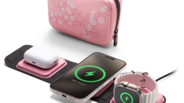 pink travel case and 3-in-1 charger in front of it